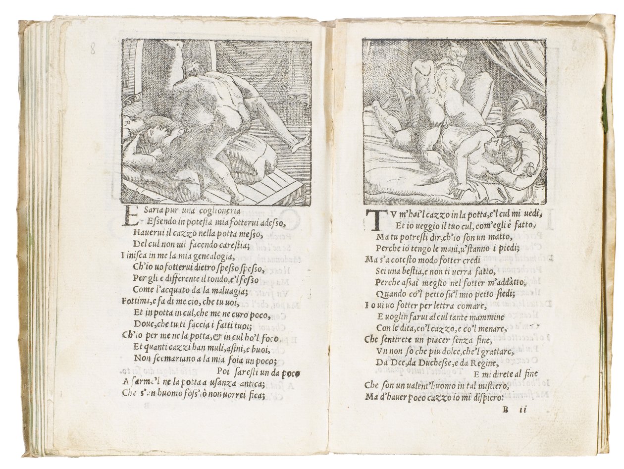 Sida från "Sonetti Lussuriosi" av Pietro Aretino, illustrerad av Giulio Romano och graverad av Marcantonio Raimondi, publicerad i Venedig, ca 1527 av Italian School