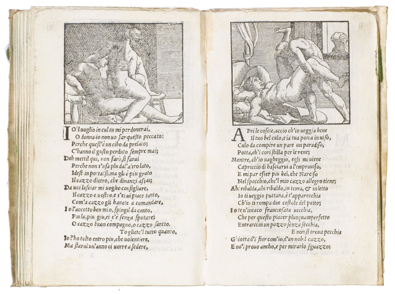 Sida från "Sonetti Lussuriosi" av Pietro Aretino, illustrerad av Giulio Romano och graverad av Marcantonio Raimondi, publicerad i Venedig, ca 1527 av Italian School