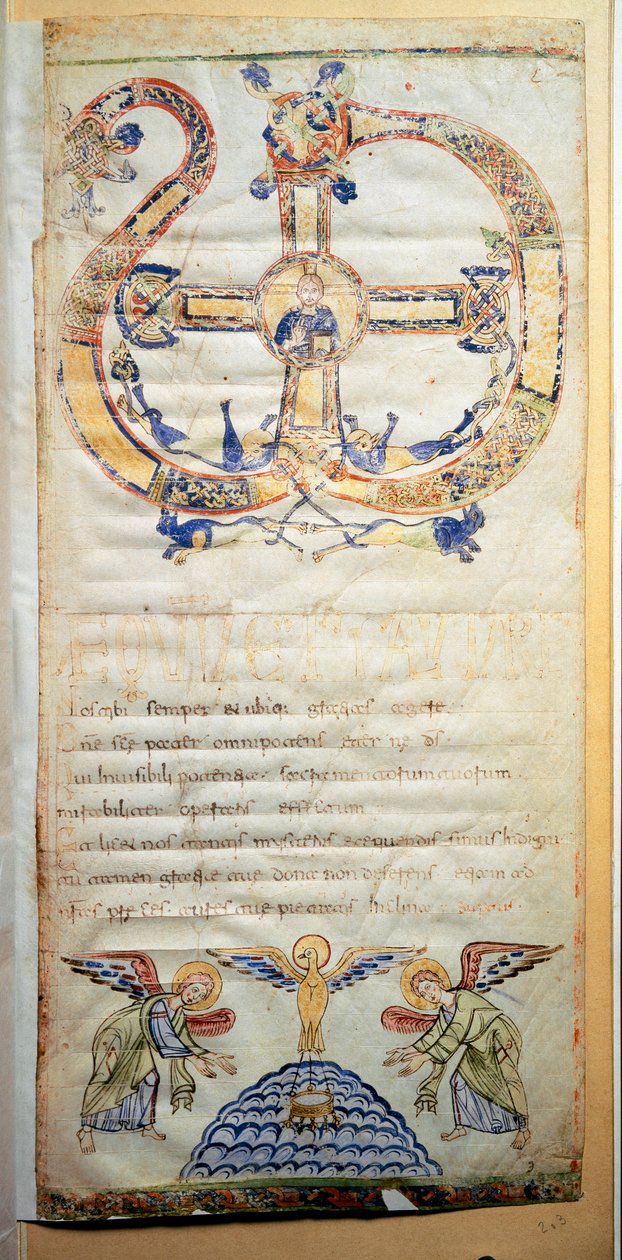 Sida av en påvlig kyrka som innehåller bönerna och ceremonierna som ska utföras av Eveque (Ms.724/1-Carta3) Ett manuskript från 1000-talet. Rom, Biblioteca Casanatense av Italian School