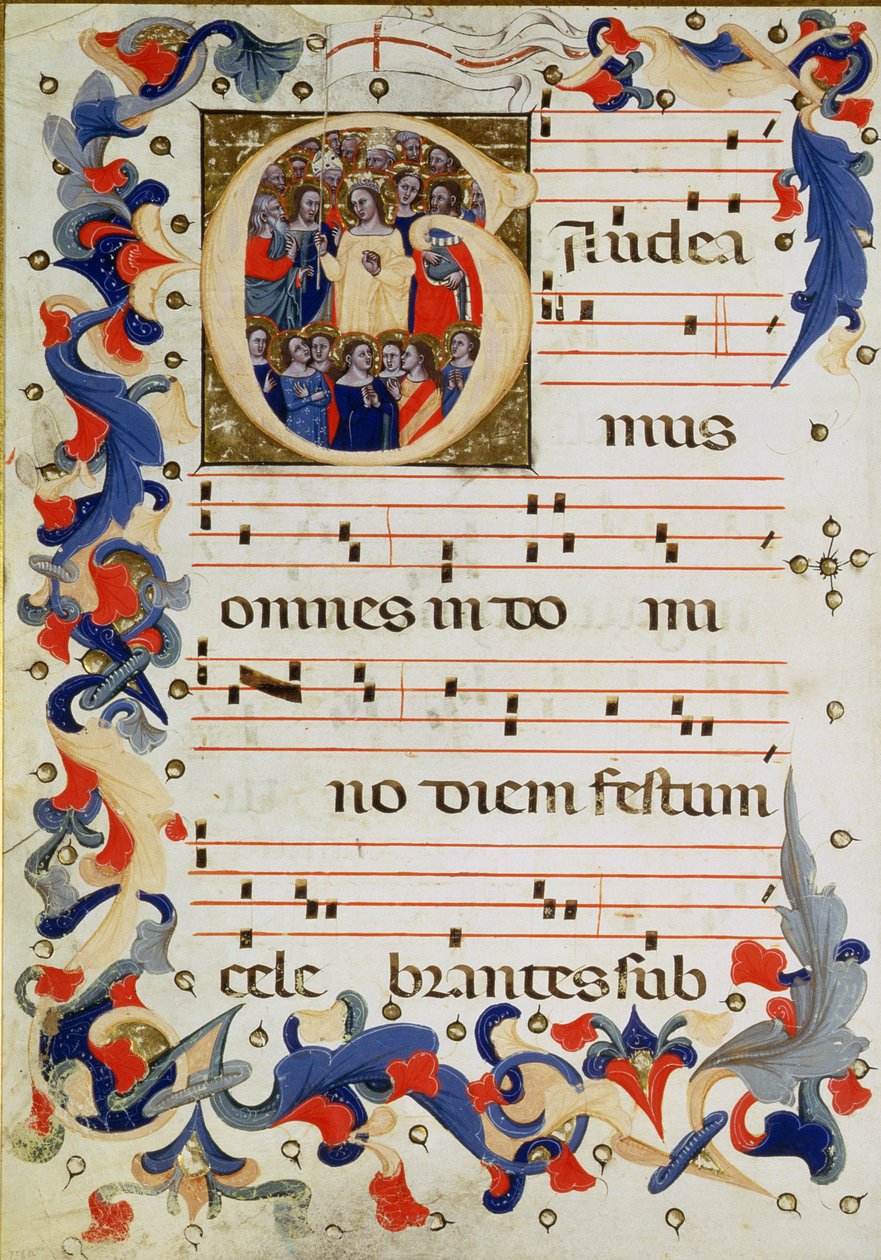 Sida med musiknotation med ett historiskt initialt G som visar en grupp helgon med St. Ursula i mitten, Bolognese School av Italian School