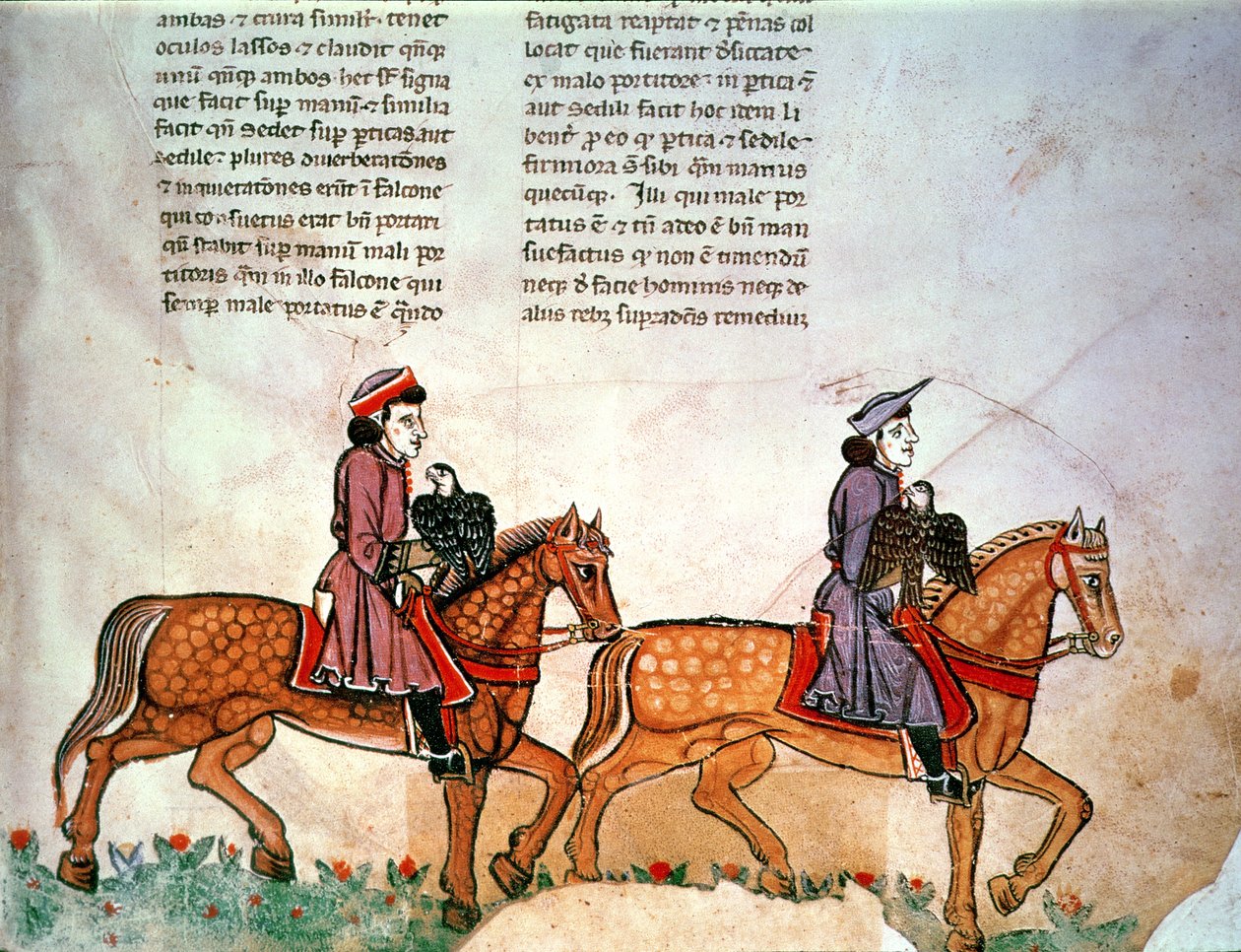 Pal Lat 1071 Fredrik II: Två ryttare med falkar, från De Arte Hunting with the Birds av Italian School