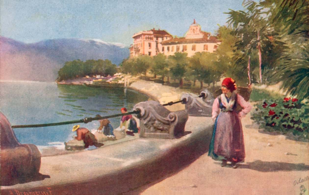 Pallanza, Lago Maggiore, Italien (färglitografi) av Italian School