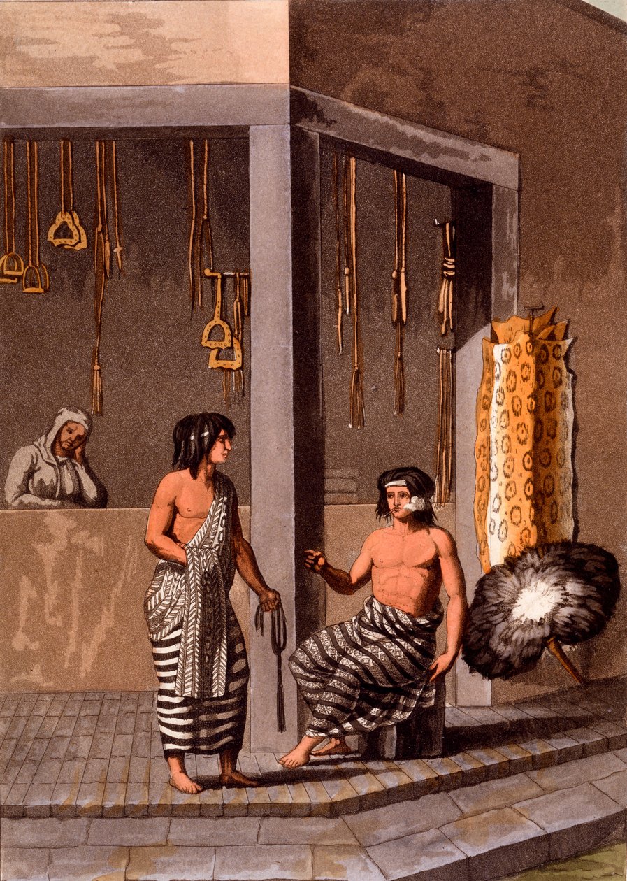 Pampasindianer i en butik som heter Indiano, Calle de-los-Torres, Buenos Aires, ca 1820-30-talet av Italian School