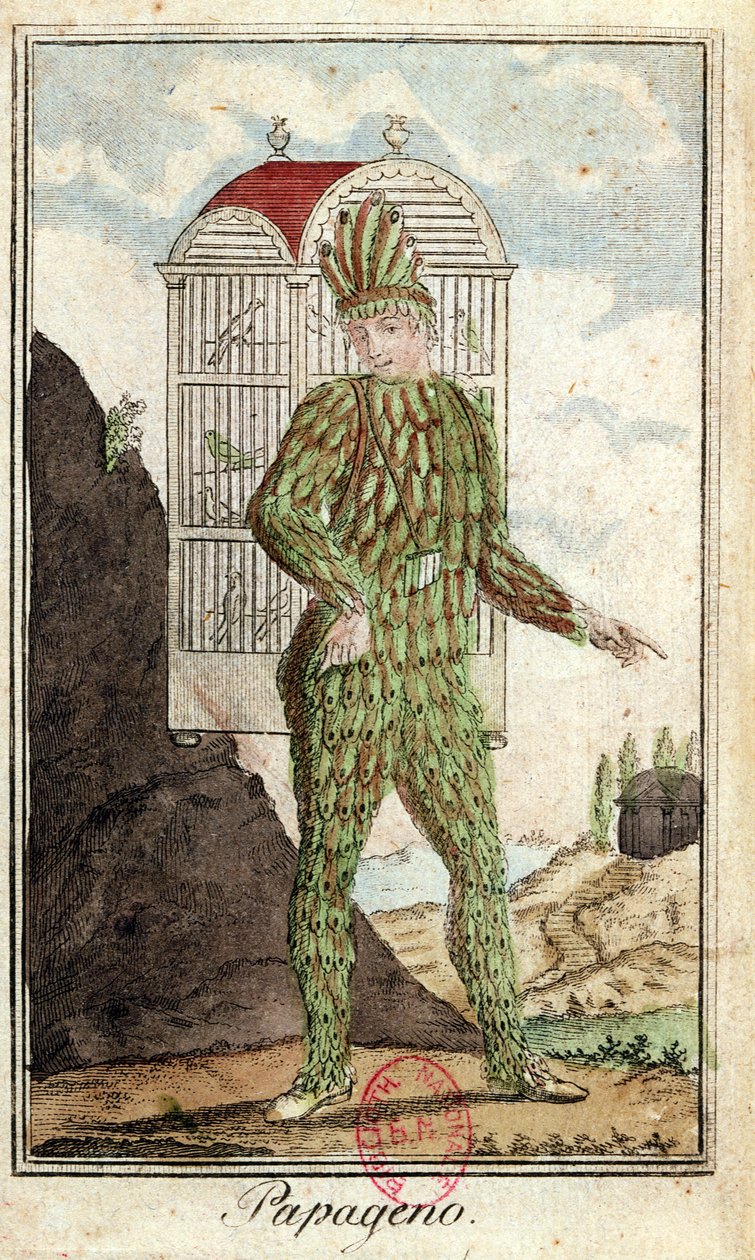 Fågelfångaren Papageno, från Trollflöjten av Wolfgang Amadeus Mozart (1756-91), av Italian School