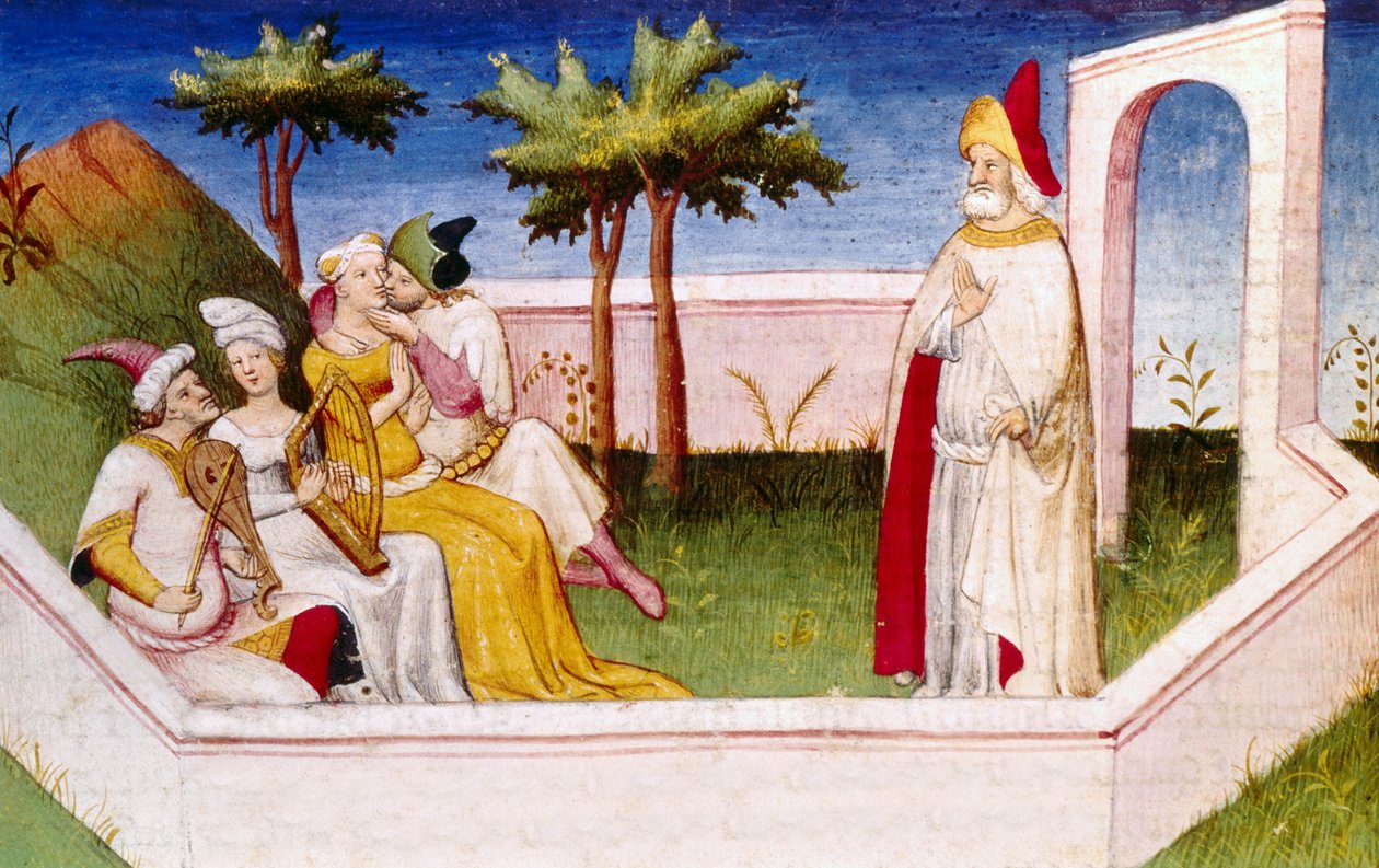 Paradise Garden, illustration från "The Travels of Marco Polo", av Rustichello da Pisa (tempera på veläng) av Italian School