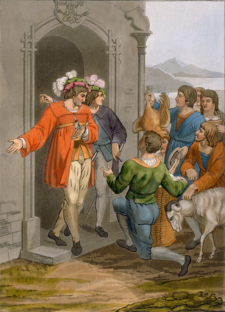 Bönder som ger tionde, alpregionen, c.1800-18 av Italian School