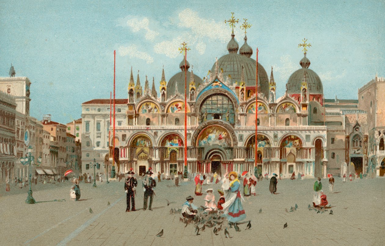 Markusplatsen och Markuskyrkan, Venedig, Italien (chromolitho) av Italian School