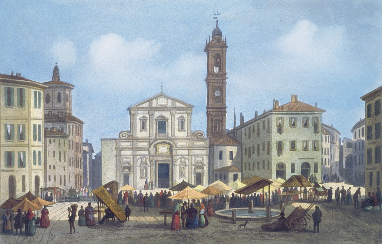Piazza Santo Stefano från Views of Milano och dess omgivningar av Italian School