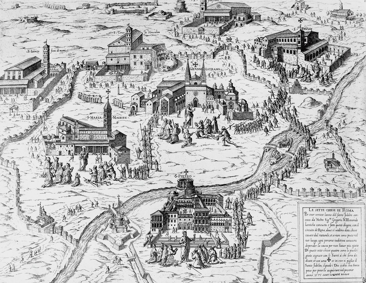Pilgrimer som besöker Roms sju kyrkor under heliga året 1575, gravyr, Italien av Italian School