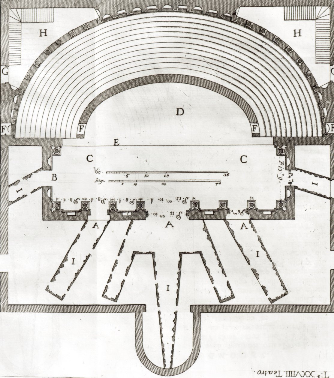 Plan av den olympiska teatern, Vicenza, designad av Andrea Palladio (1508-80) byggd 1580-85 av Italian School