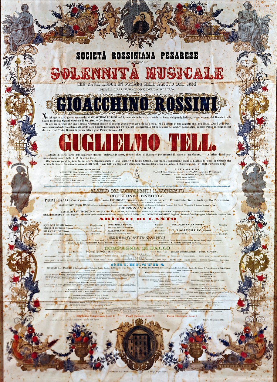Playbill för Guillaume Tell, opera av Gioachino Rossini, ca 1864 (färg litho) av Italian School