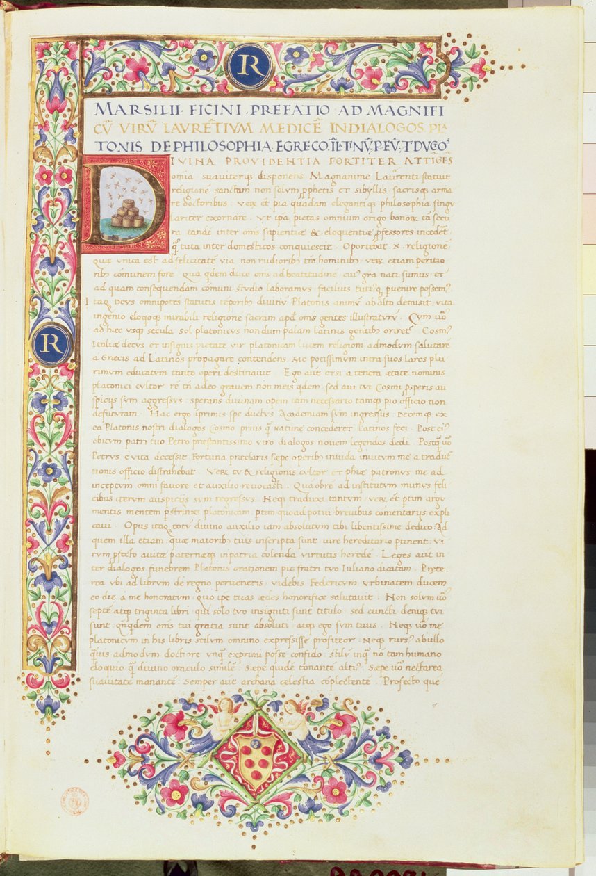 Plut 82.6 C.1 Platons dialoger i översättning av Ficino och tillägnad Lorenzo den store, ca 1480 (pergament) av Italian School