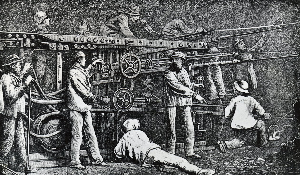 Pneumatisk bergborrmaskin skapad av Giovanni Battista Piatti och fulländad av Germano Sommeiller (1815-1871), gravering Italien av Italian School