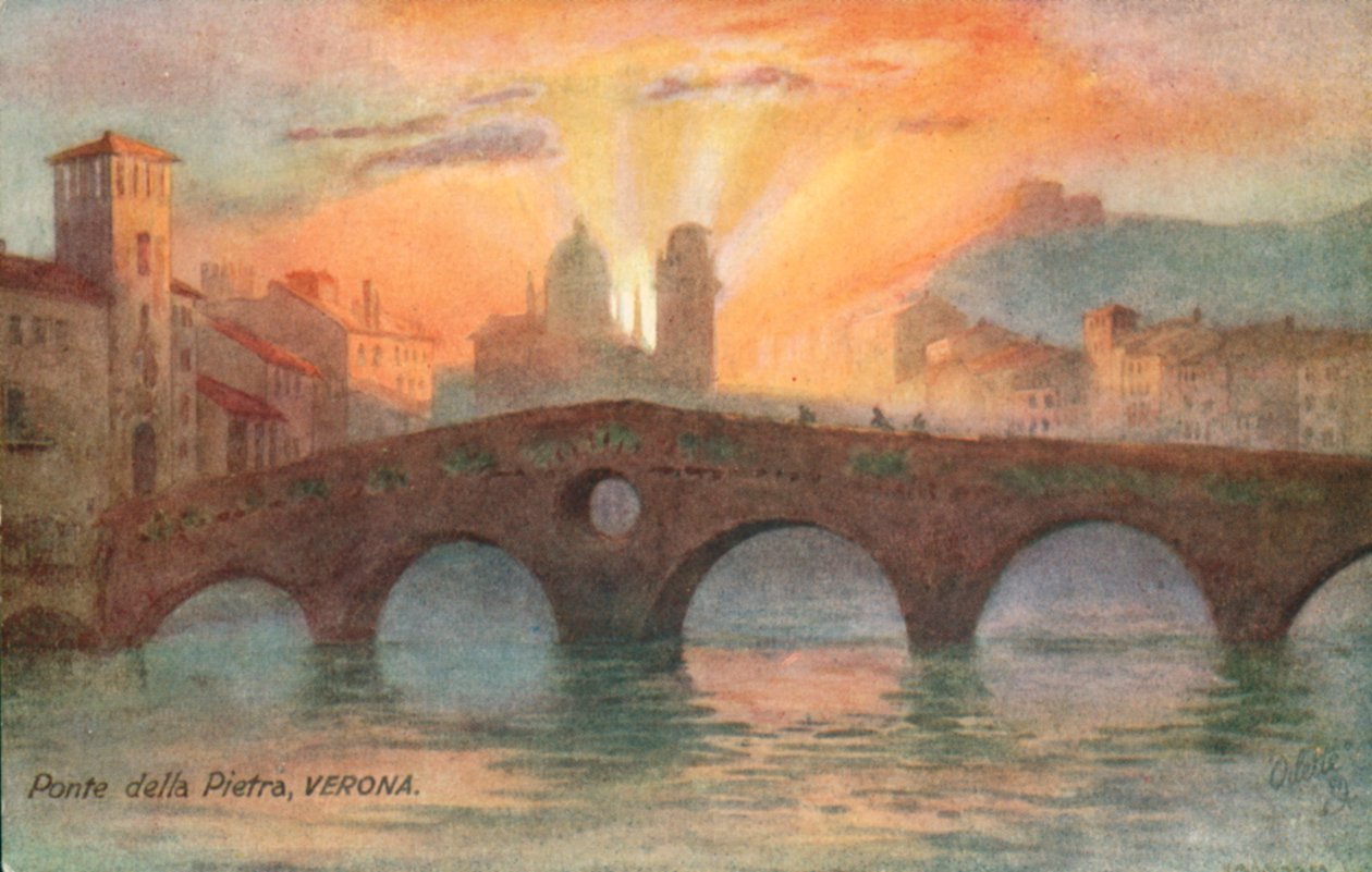 Ponte Pietra, den äldsta romerska bron, Verona, Italien (färglitografi) av Italian School