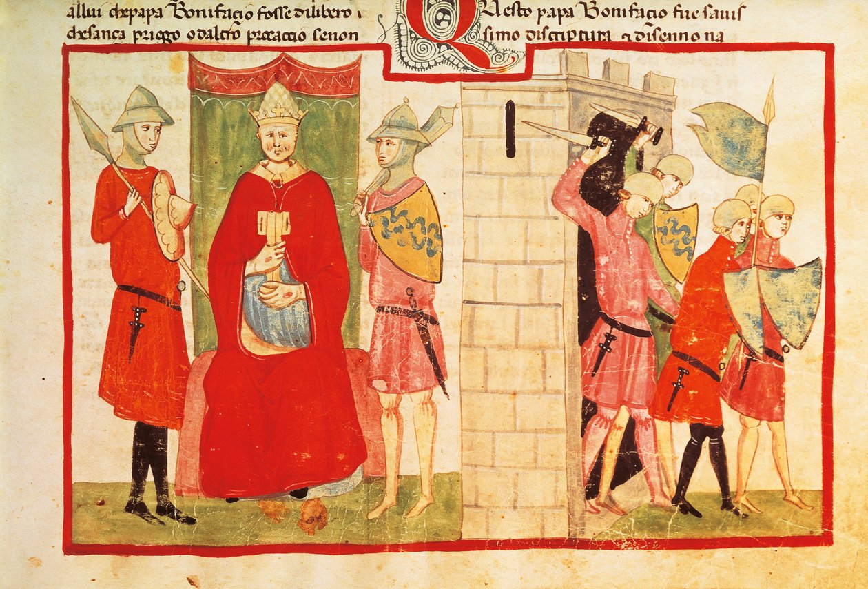 Papa Boniface VIII huko Anagni na kufukuzwa kwa Sciarra Colonna (Giacomo Colonna) kutoka kwa jiji, miniature kutoka kwa Mambo ya Nyakati ya Giovanni Villani, muswada wa Chigi L VIII 296 folio 176 recto, Italia Karne ya 14.swed av Italian School