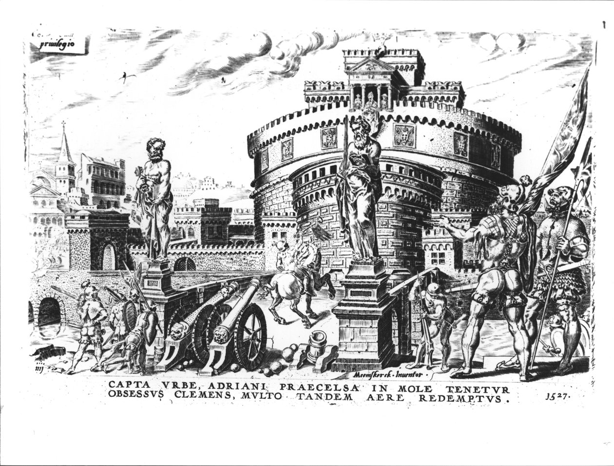 Påven Clemens VII (1478-1534) hålls belägrad av Karl V (1500-58) högt i Hadrianus torn, 1527 av Italian School