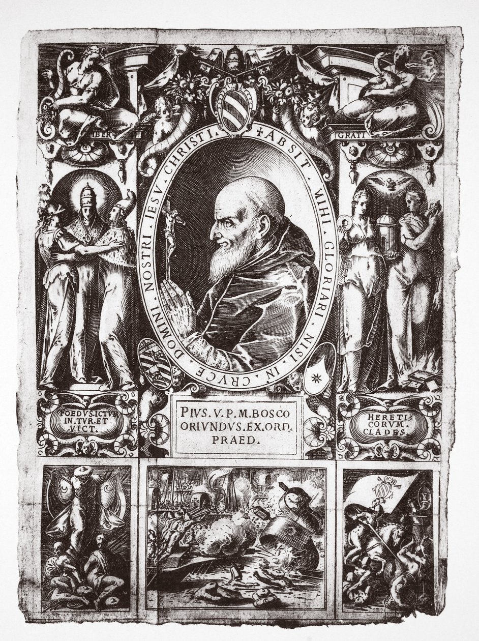Påven Pius V, med vinjetter från slaget vid Lepanto, från Vita del Gloriosissimo Papa Pio Quinto, pub. 1586 av Italian School