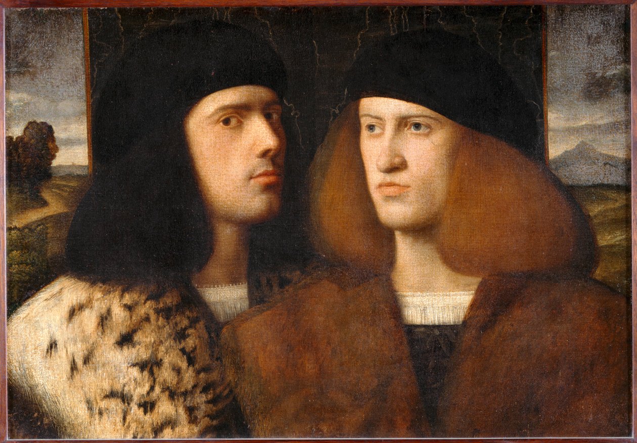Portrait de deux jeunes hommes - Porträtt av två unga män ... av Italian School