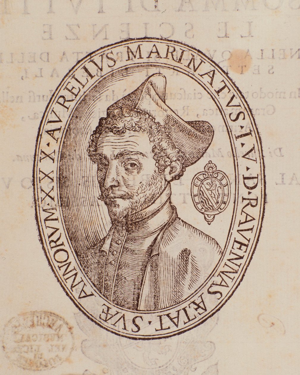 Porträtt av Aurelio Marinati. Sida från Summan av alla vetenskaper av Italian School