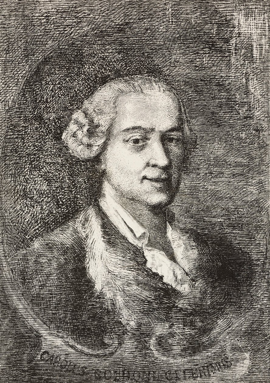 Porträtt av Carlo Goldoni (1707-1793), italiensk dramatiker, gravyr av Marco Pitteri från målning av Giambattista Piazzetta och teckning av E Ximenes, gravyr från L