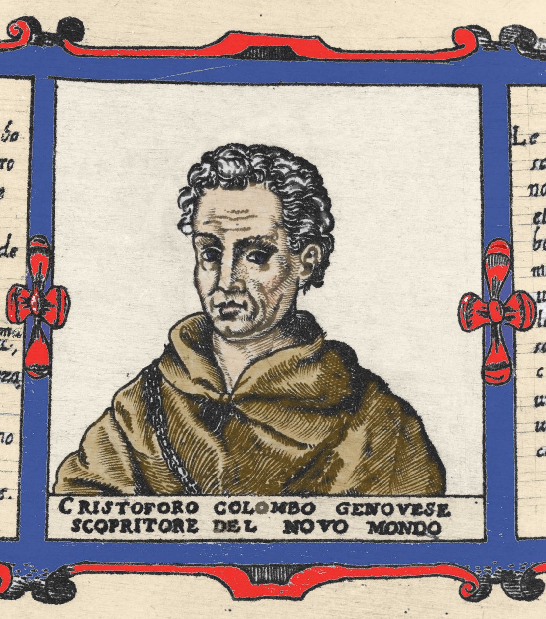Porträtt av Christopher Columbus (1451-1506), detalj av Atlas of Urbano Monte av Italian School