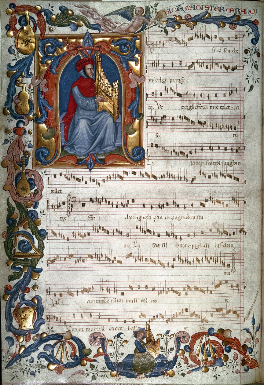Porträtt av Francesco Landino och ett musikaliskt partitur, illustration från "The Squarcialupi Codex", c.1325-35 av Italian School