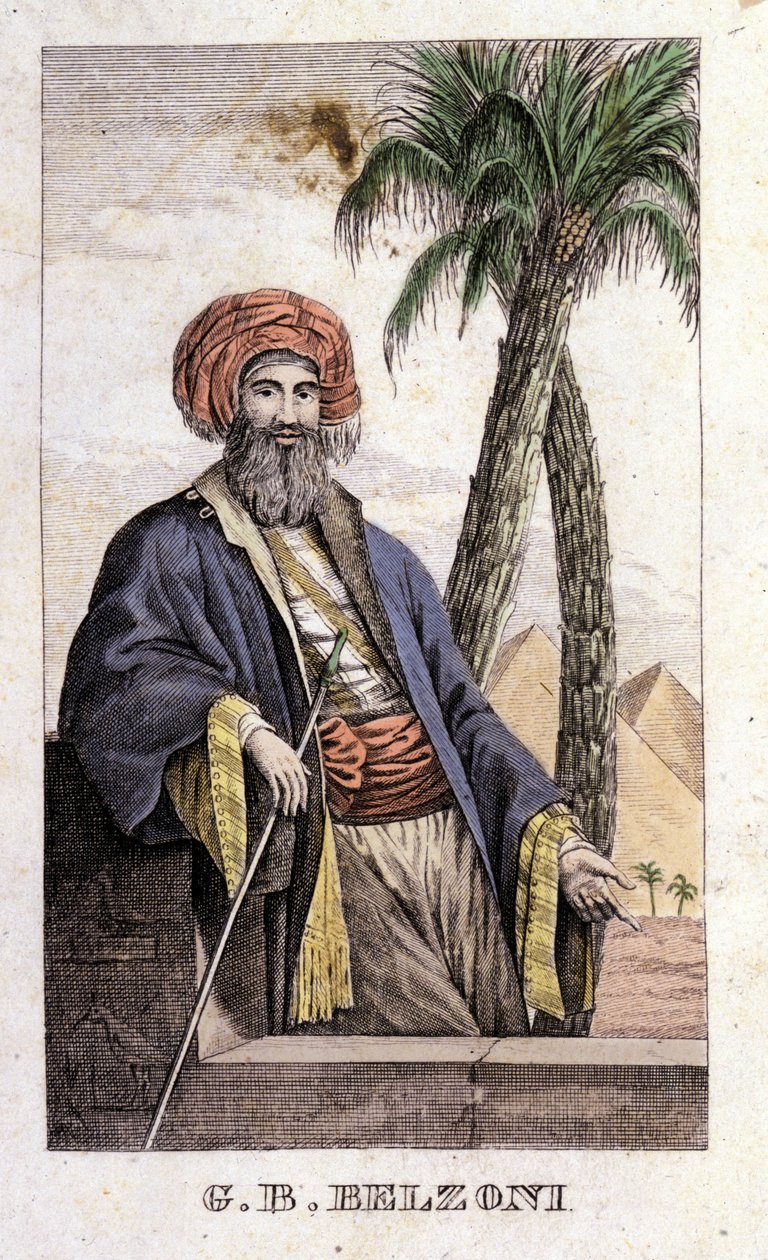 Porträtt av Giovanni Battista (Gianbattista) Belzoni (1778-1823), italiensk upptäcktsresande och arkeolog, som gjorde viktiga arkeologiska upptäckter i Egypten. Gravyr - i "" Resan till Egypten och Nubien "" av Belzoni, Milano av Italian School