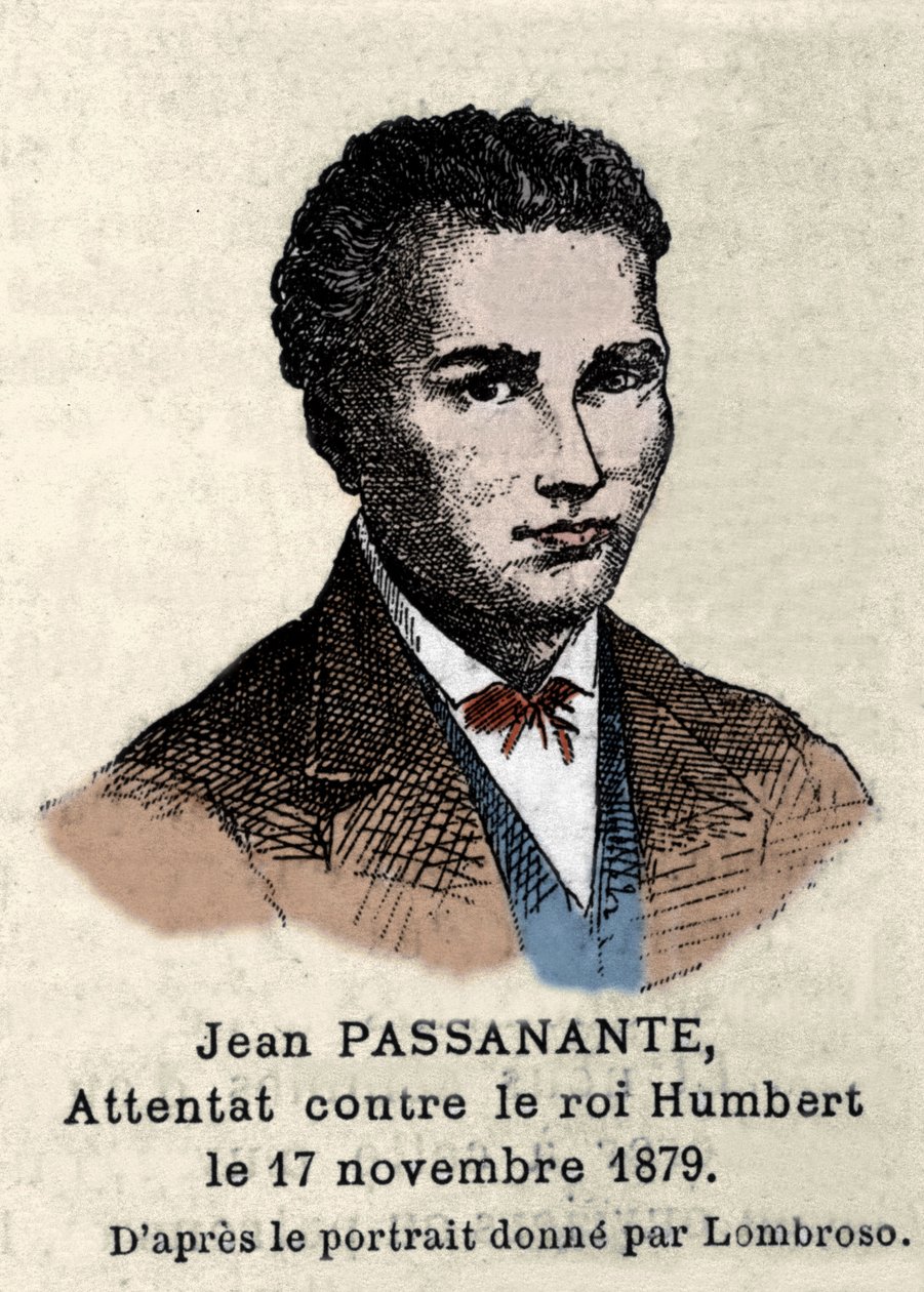 Porträtt av Giovanni Passannante (1849-1910) som utförde attacken mot den italienske kungen Umberto I (Humbert I) i Neapel 1878 efter det porträtt som ritats av Cesare Lombroso (1835-1909). Denna händelse inspirerade poeten Giovanni Pascoli (1855-1912) i e av Italian School