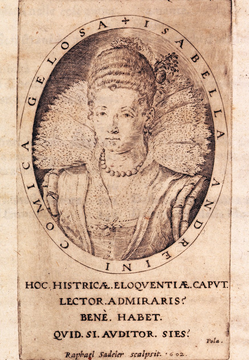 Porträtt av den italienska skådespelerskan Andreina Isabella Canali (1562-1604), titelsidan på hennes brev av Italian School