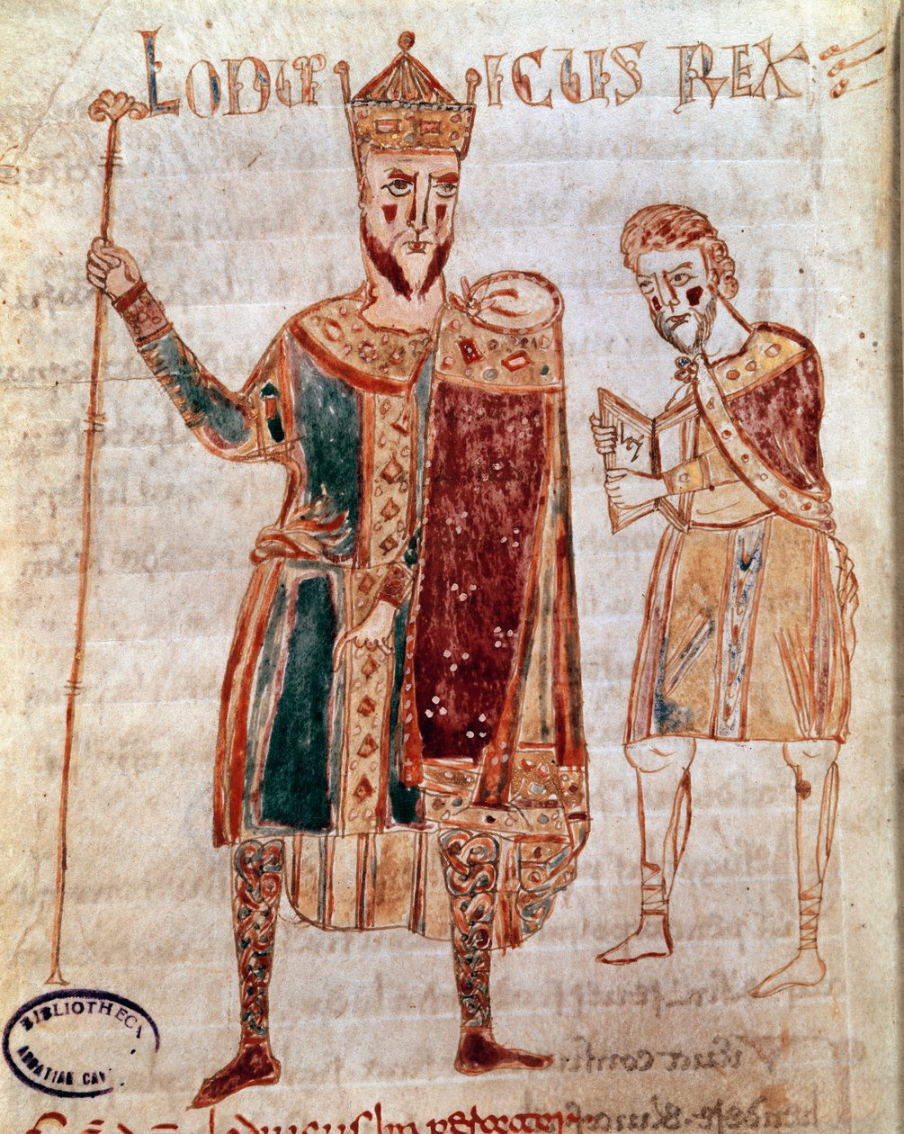 Porträtt av Ludvig I den fromme (778-840), Frankrikes kung Manuskriptsida (ms. 4) "Codex Legum Longobardorum" (eller Langobardorum) som beskriver lagarna i det langobardiska riket som upprättats av kung Rothari av Italian School