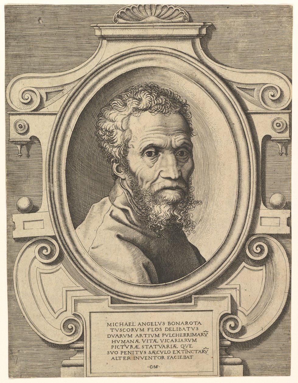 Porträtt av Michelangelo, pub. C. 1564 (gravyr) av Italian School
