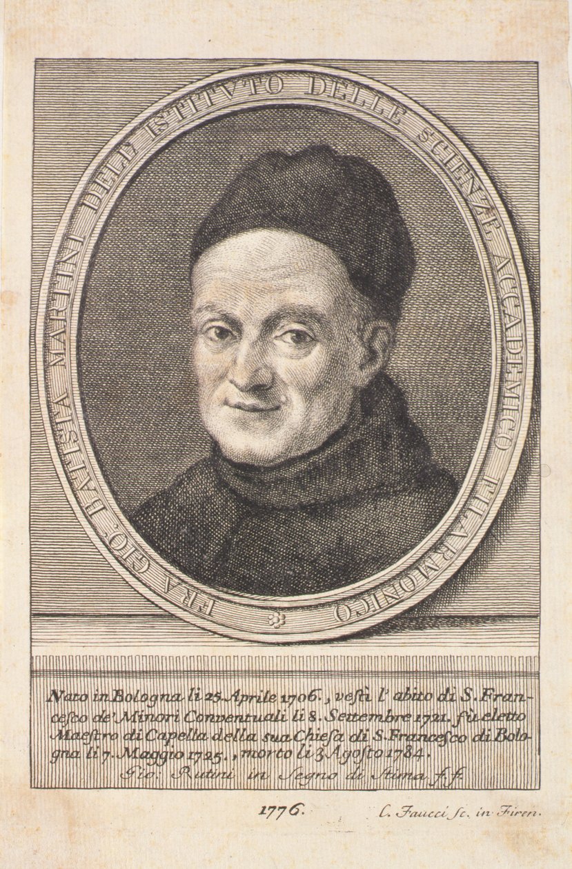Porträtt av fader Giovanni Battista Martini (1706-84) graverad av Faucci, 1776 av Italian School