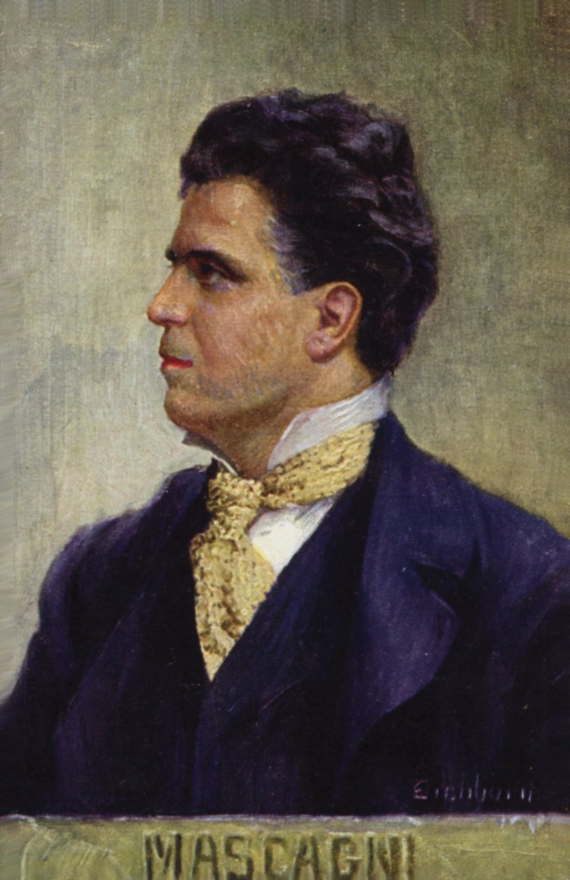 Porträtt av Pietro Mascagni (färglitografi) av Italian School