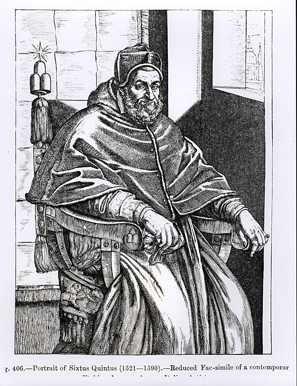 Porträtt av påven Sixtus V (1520-90) illustration från "Vetenskap och litteratur under medeltiden och renässansen", skriven och graverad av Paul Lacroix, 1878 av Italian School