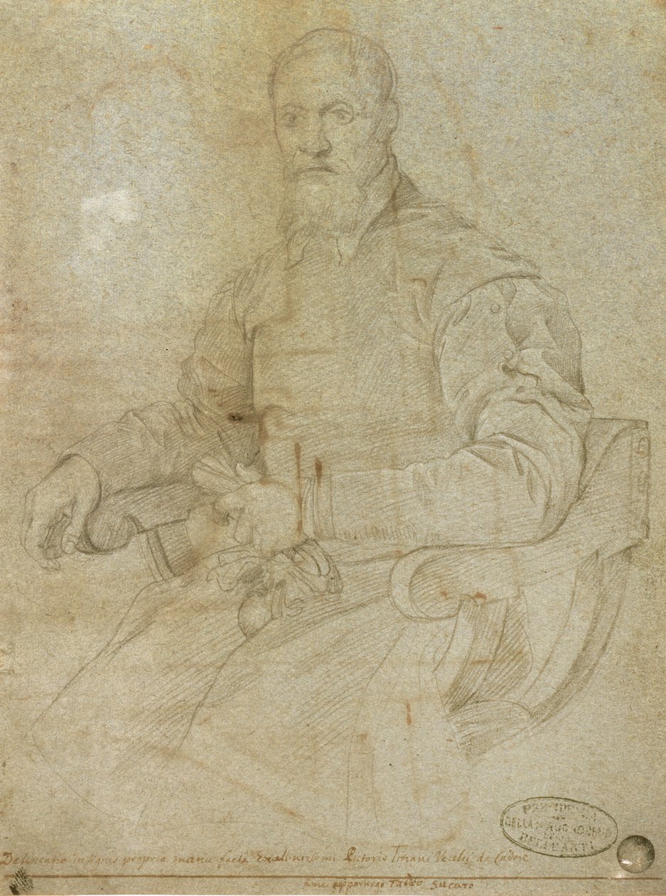Porträtt av Tizian (Tiziano Vecellio) (ca 1485-1576) Romersk skola (kol på papper) av Italian School