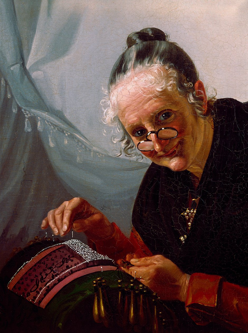 Porträtt av spets En gammal kvinna som ler med ett par lorgnoner framför sitt arbete. Målning av den venetianska skolan. 1800-talets Venedig, Correr museum av Italian School