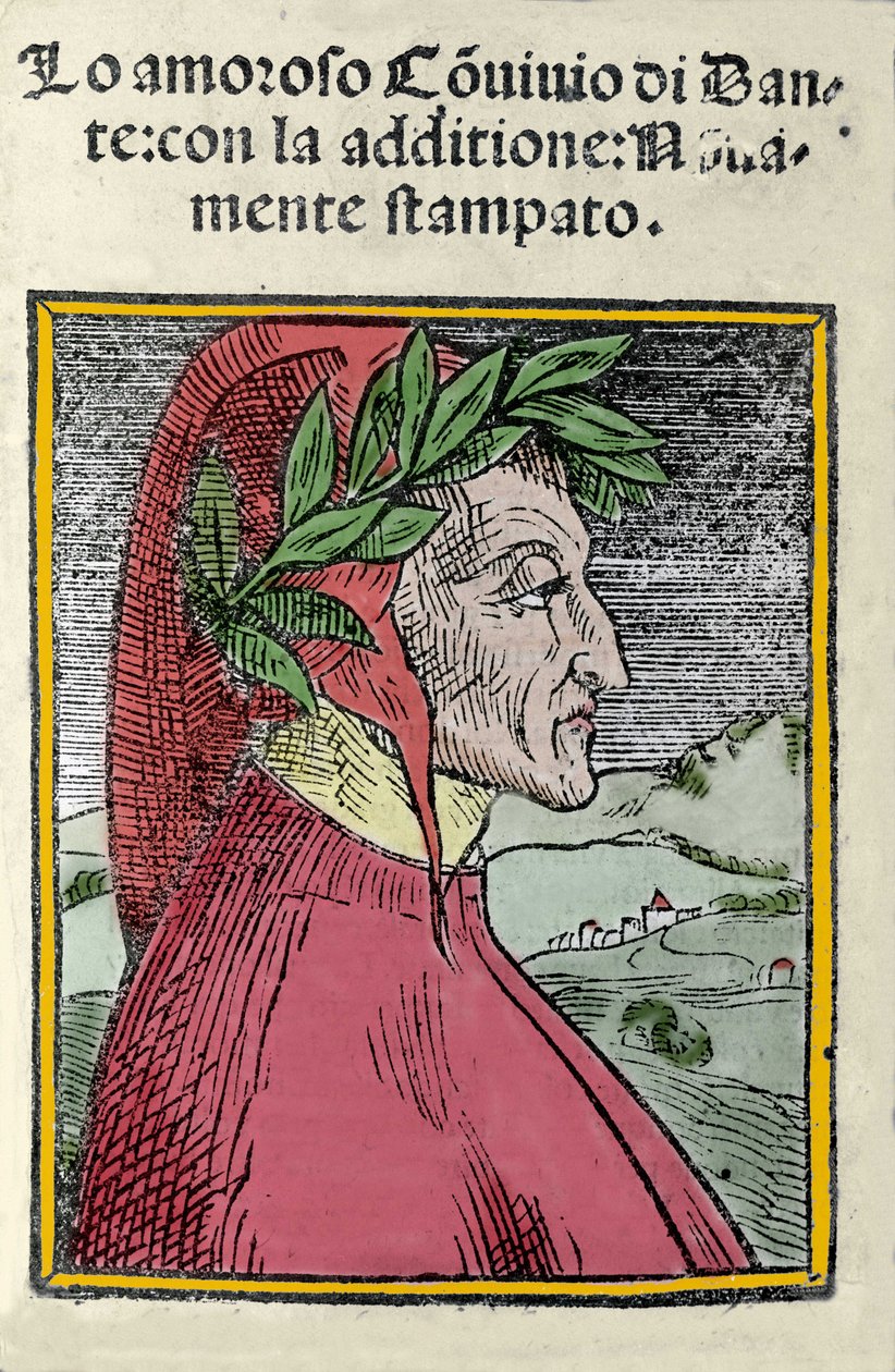 Porträtt av den italienske poeten Dante Alighieri (1265-1321). Gravyr. Frontispice av "" Il convivio "" från 1554 av Italian School