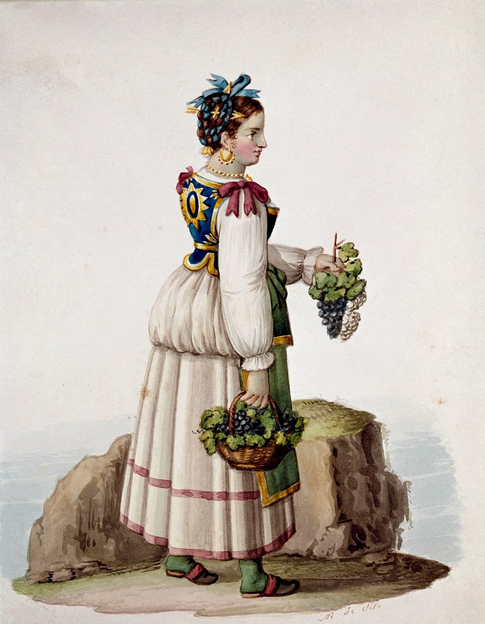 Porträtt av ung kvinna från Capri, i traditionell klädsel, som håller vindruvor - (Gammal handel: ung kvinna från Capri, håller vindruvor) Akvarell 1800-talets Museo Nazionale di San Martino Neapel av Italian School
