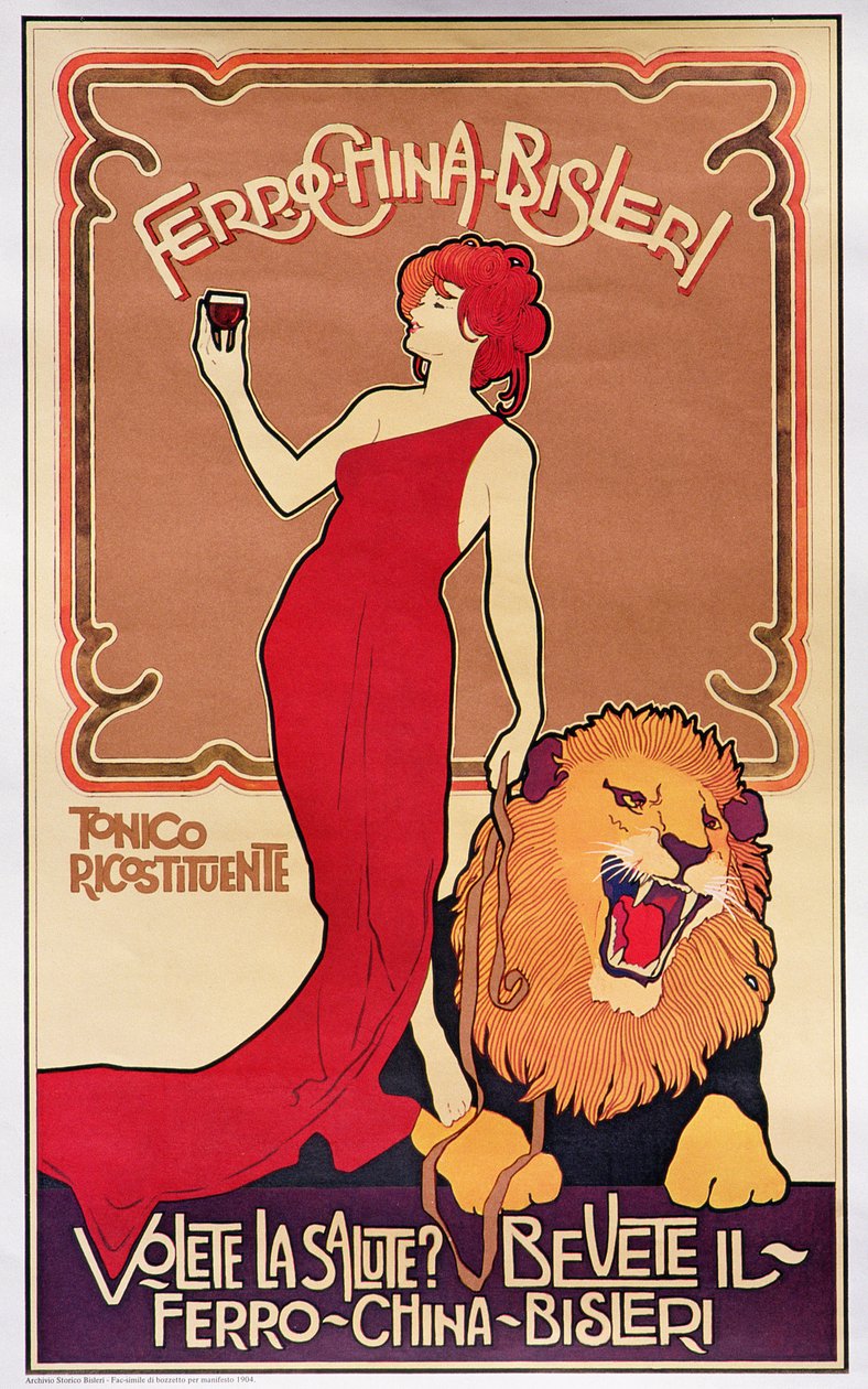 Affisch med reklam för "Bislieri Liqueur" 1904 (litografi) av Italian School