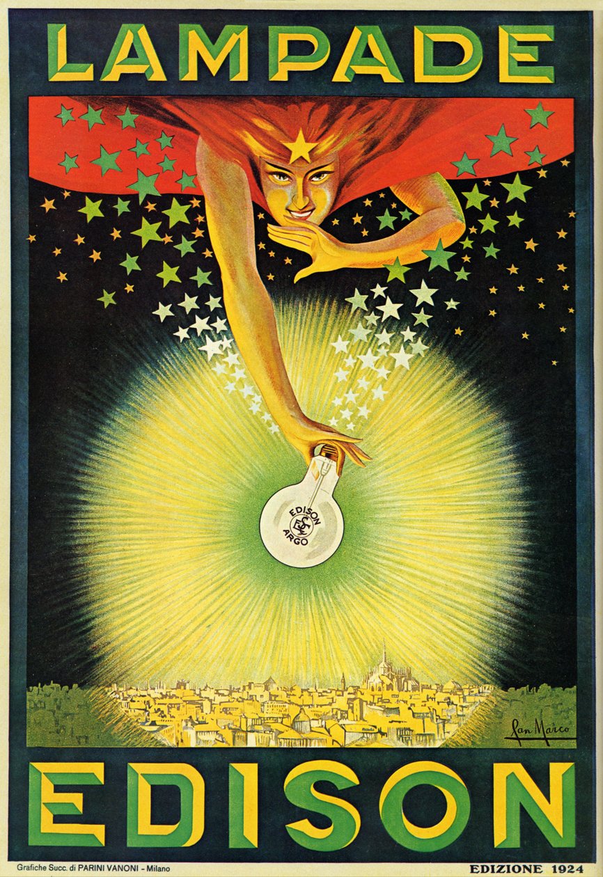 Affisch med reklam för Edison-glödlampor, Milano, Italien av Italian School
