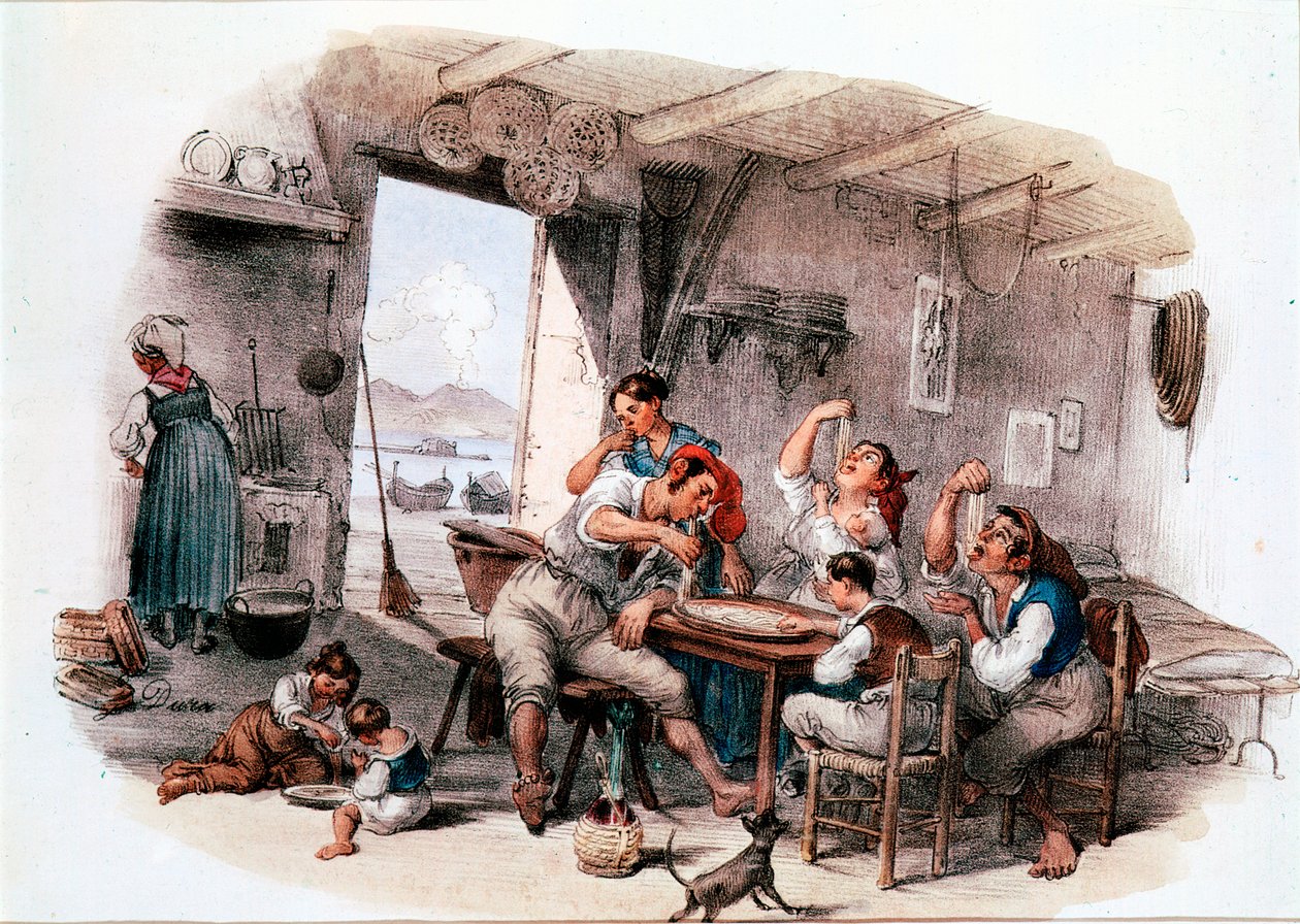 Förmodligen napolitansk familj som äter makaroner med händerna Anonym gravyr från 1800-talet. Roms nationalmuseum för pasta, Agnesi Foundation av Italian School