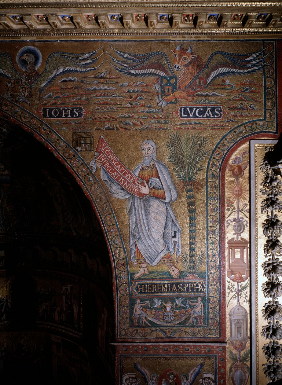 Profeten Jeremia och symboler för evangelisterna Johannes och Lukas anonym mosaik från 1100-talets Rom, kyrkan Santa Maria i Trastevere Italien av Italian School