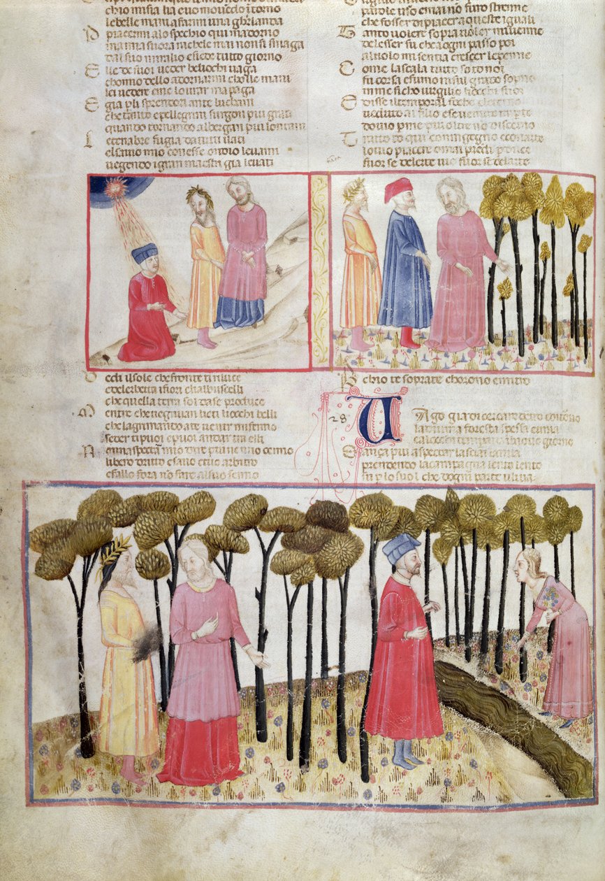 Purg.XXVIII f.47v Virgil tar avsked och den gudomliga skogen, från Den gudomliga komedin av Dante Alighieri (1265-1321) av Italian School