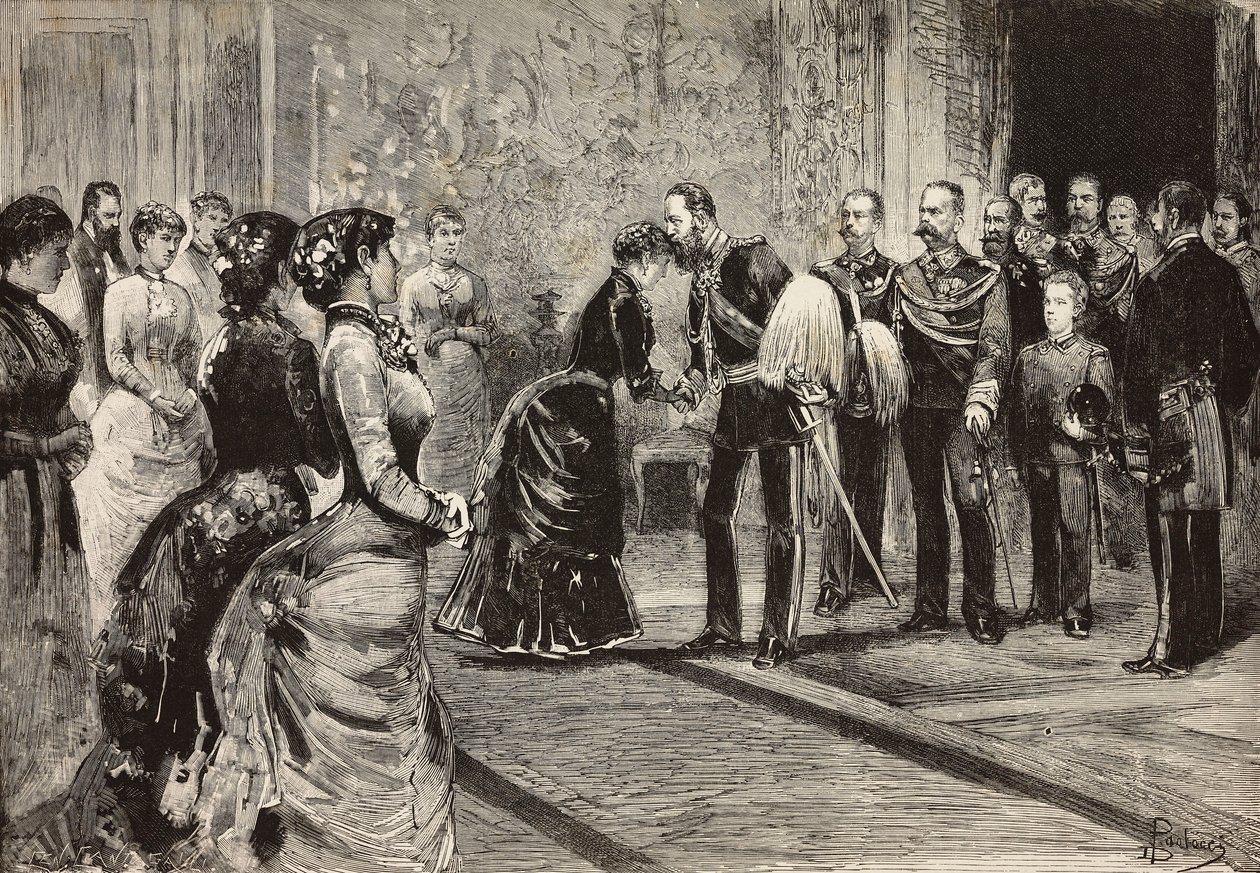 Drottning Margherita och Umberto I tar emot kronprinsen av Tyskland (blivande Fredrik III) i Quirinale, Rom, Italien, gravyr från teckning av Dante Paolocci, från L