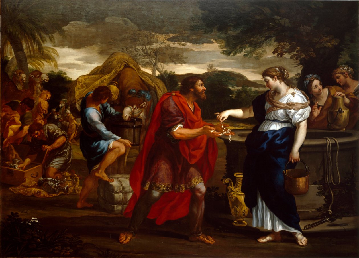 Rebecca vid brunnen Målning av Cortones skola (1600-talet) Genes, Chiesa di San Bartolomeo i Vallecalda av Italian School