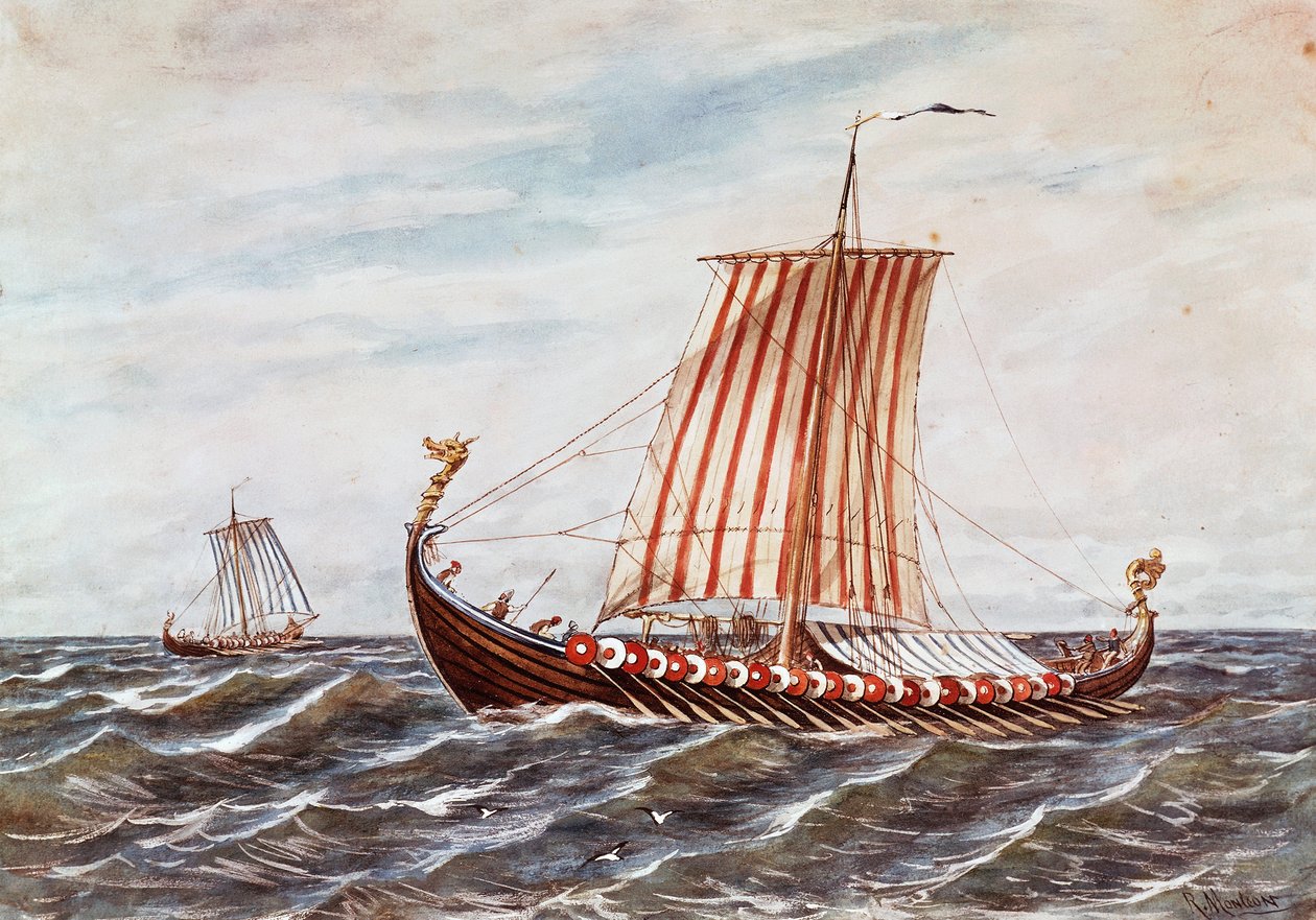 Rekonstruktion av vikingabåtar från 1000-talet (lito i färg) av Italian School