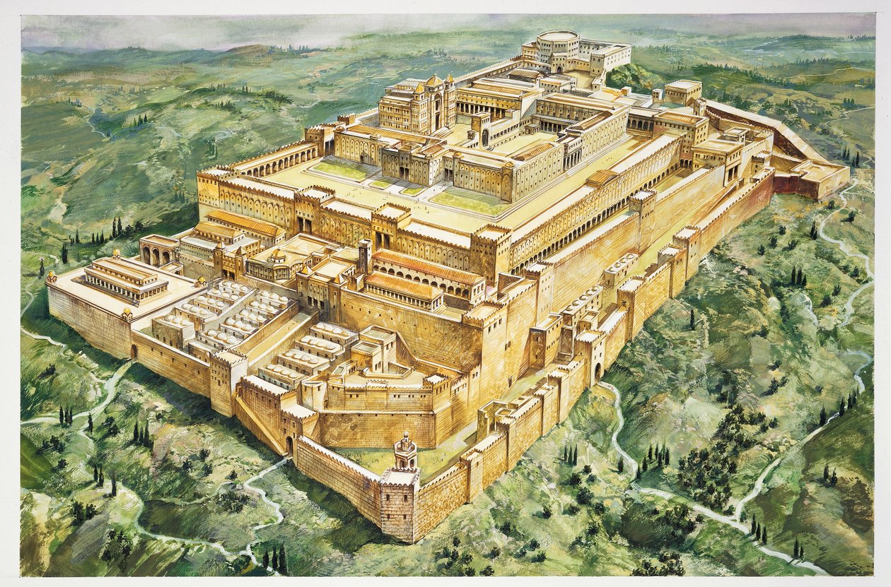 Rekonstruktion av Salomos palats och det första templet (färglitografi) av Italian School