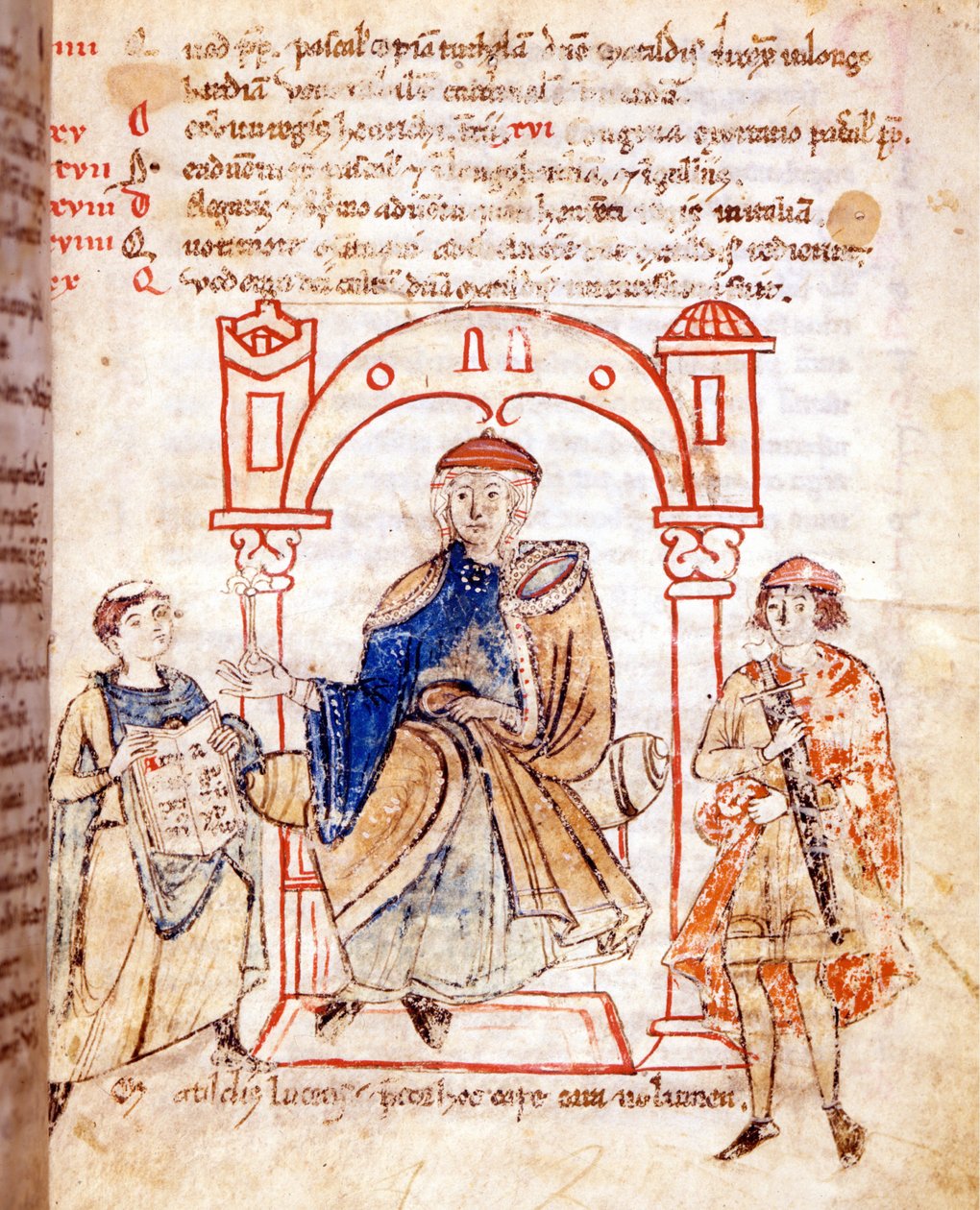 Representation av grevinnan Mathilde av Canossa (eller grevinnan Mathilde av Toscana) (1046 - 1115). "Vitas mathildis" av Donizone. 1200-talsmanuskript, Lucca, Bibl. Governativa. av Italian School