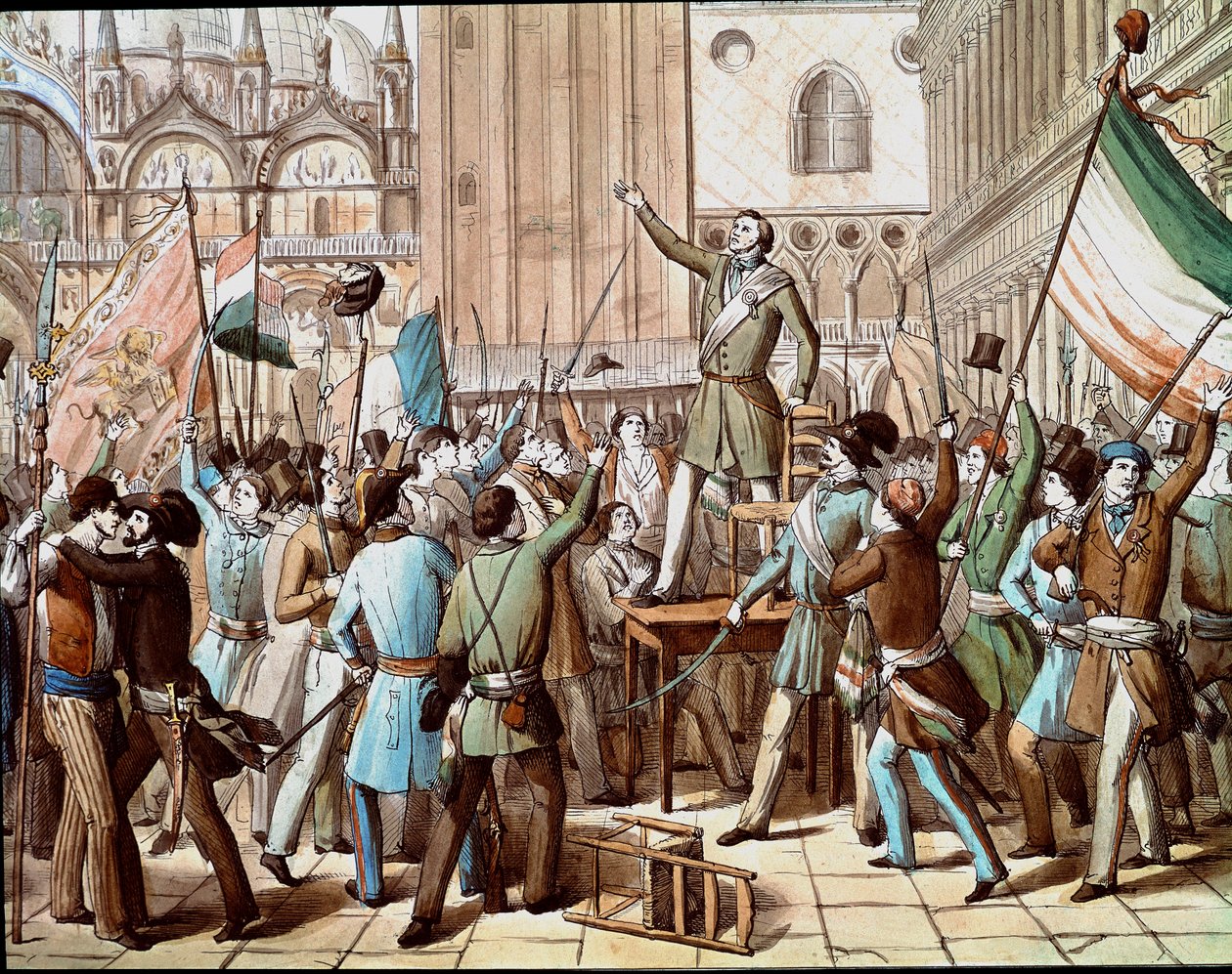 Representation av Daniele Manin (1808-1857), politiker som ledde revolutionen i Venedig mot den österrikiska närvaron 1848: proklamationen av den venetianska republiken i mars 1848. (Proklamationen av den venetianska republiken i mars 1848, med en represen av Italian School