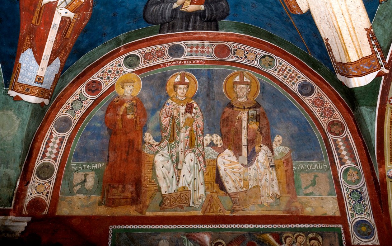 Representation av Saint Stephen, kristen martyr, Saint Thomas Becket (1118-1170), ärkebiskop av Canterbury och Saint Nicholas av Myra eller Bari (270-345) Anonym fresk (1200-talet) Nedre kyrka. Klostret Saint Benedetto (Sacro Speco), Subiaco (Rom av Italian School